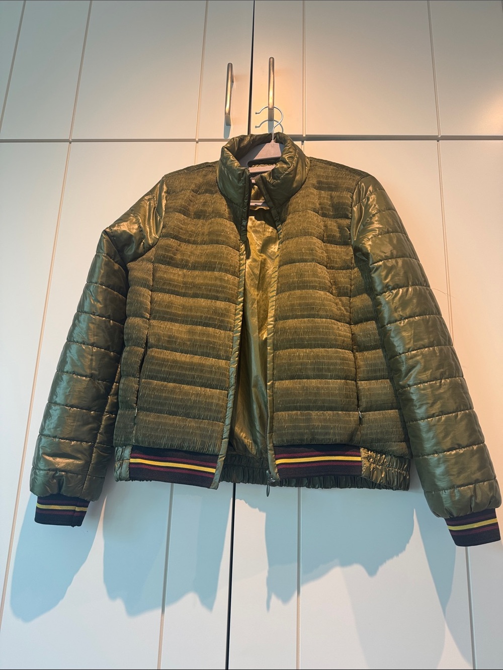 Olive Green Quilted Puffer Sleeve with Striped Rib Cuff